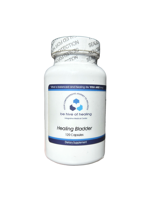 A white bottle labeled "Healing Bladder - UTI Support Supplement" from the "Be Hive of Healing Wellness Store" contains 120 capsules. The blue and white branding indicates its purpose as a dietary supplement aimed at alleviating frequent urination. The bottle is sealed with security tape for your safety.