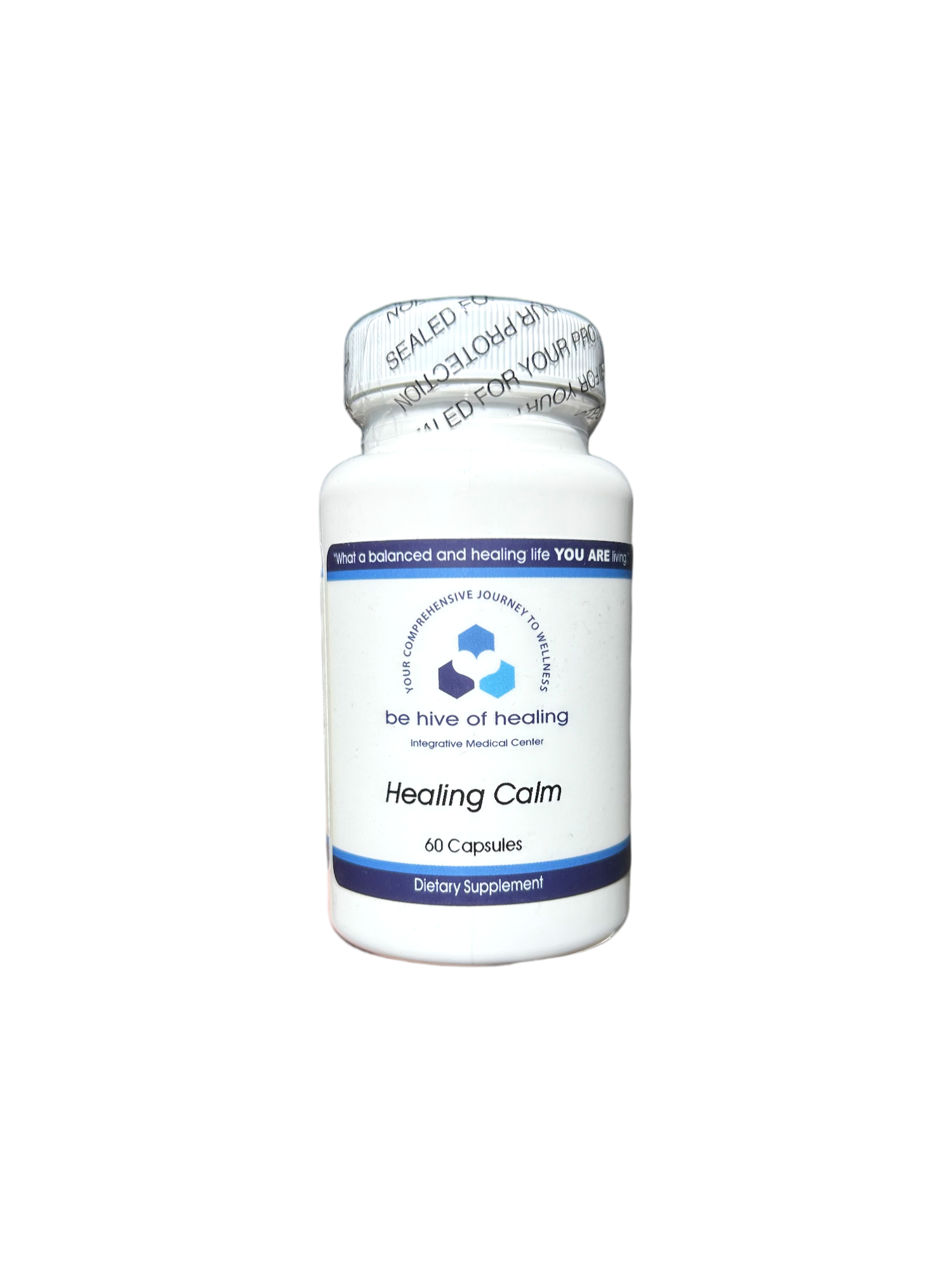 A white bottle with a label reading "Be Hive of Healing Wellness Store" and "Healing Calm - Stress and Anxiety Relief Supplement." The bottle contains 60 capsules and is marked as a dietary supplement. The label also mentions a "Comprehensive Journey to Healing" and offers natural treatment for insomnia. It has a sealed cap.