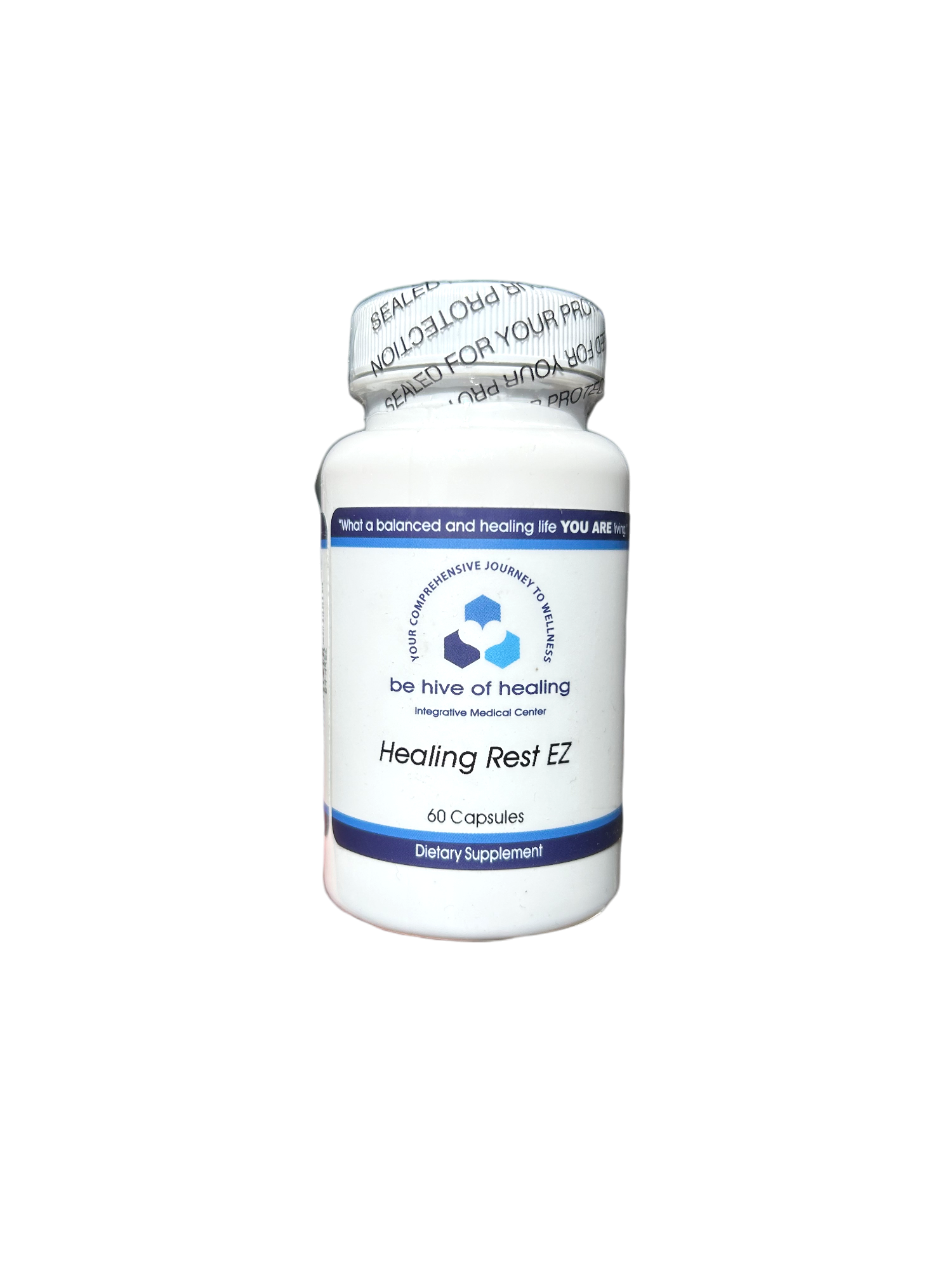 A white bottle labeled "Healing Rest EZ - Sleep Supplement" from Be Hive of Healing Wellness Store, containing 60 natural dietary supplement capsules. The sealed cap bottle features blue accents on the label, making it ideal for those seeking relief from insomnia and anxiety.