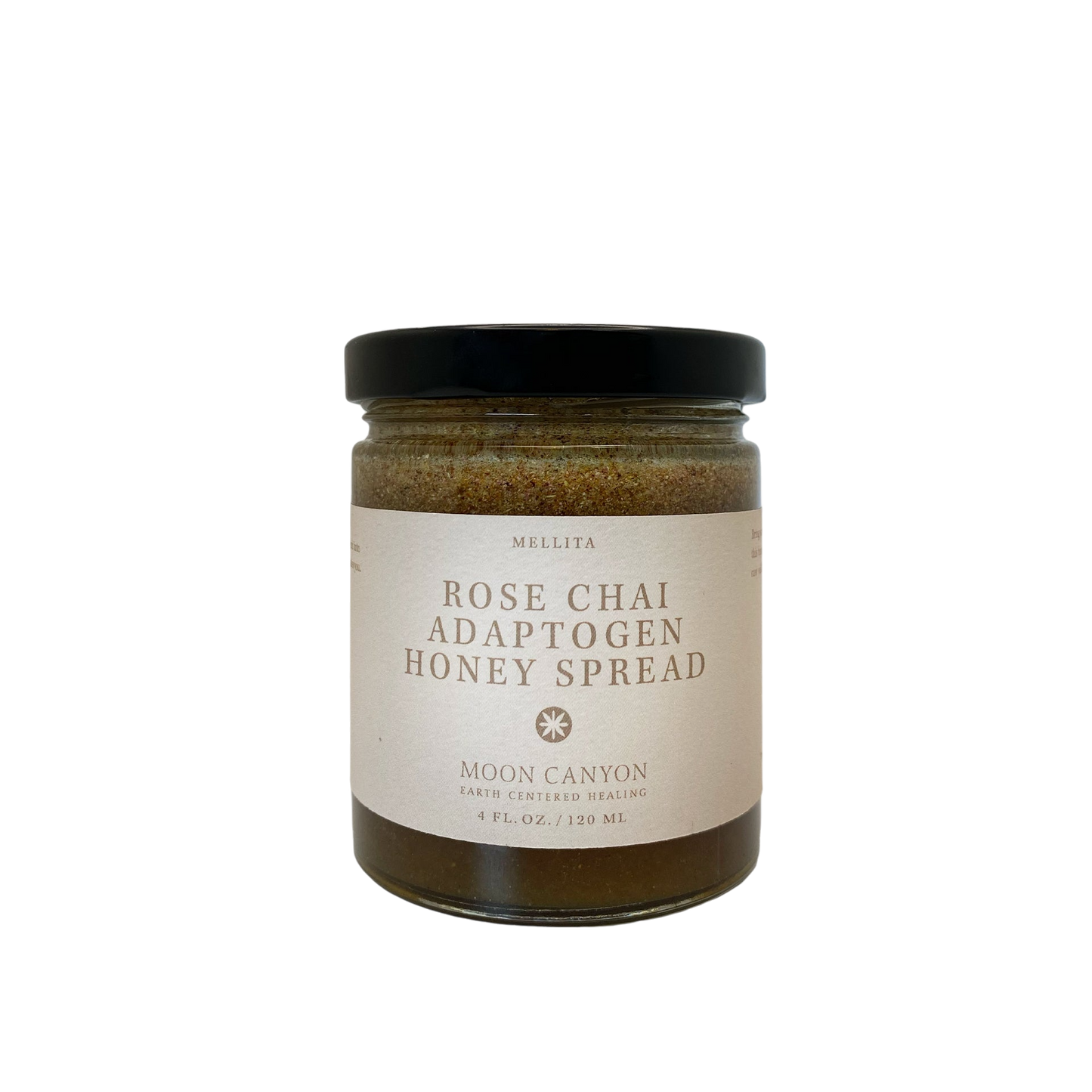 A glass jar with a black lid is labeled "Rose Chai Adaptogen Honey" by Moon Canyon Healing. The label also includes "Moon Canyon" and describes it as "Earth Certified Healing." Blended with chai spices for healthy circulation, the jar contains 4 fl. oz. (120 mL) of the product against a plain black background.