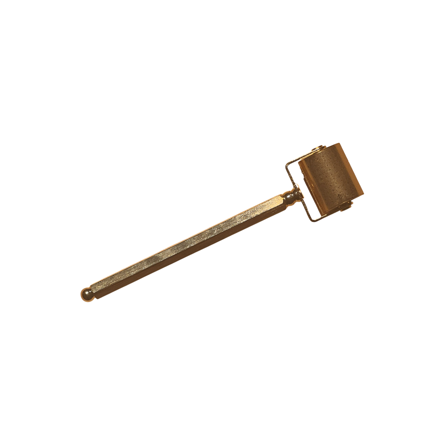The LENI THE ACU-ROLLER is a brass tool with a long handle and a small cylindrical roller for skin renewal and collagen stimulation, shown on a white background.