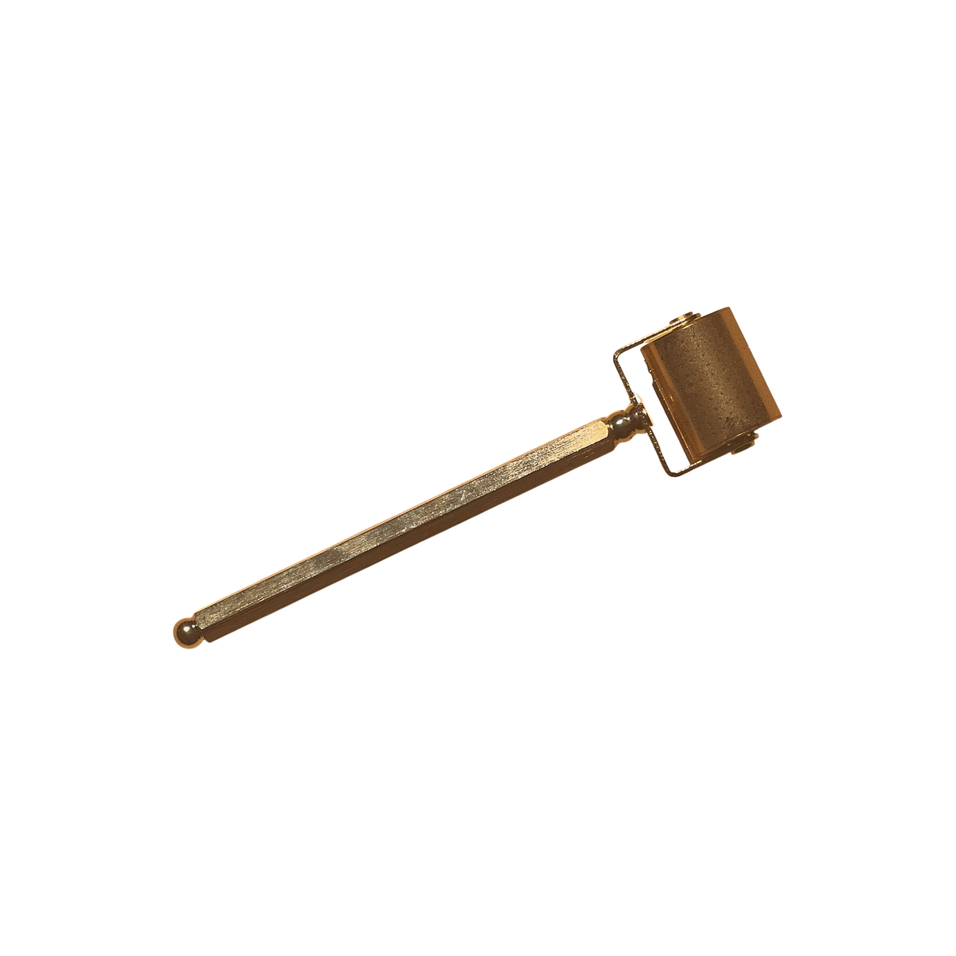 The LENI THE ACU-ROLLER is a brass tool with a long handle and a small cylindrical roller for skin renewal and collagen stimulation, shown on a white background.