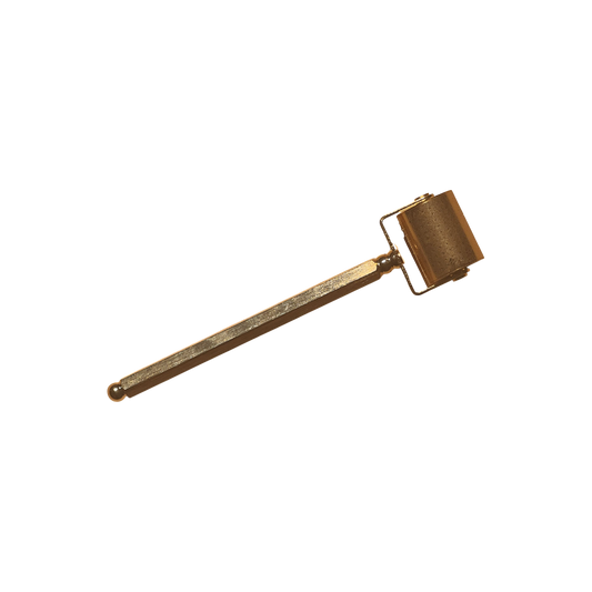 The LENI THE ACU-ROLLER is a brass tool with a long handle and a small cylindrical roller for skin renewal and collagen stimulation, shown on a white background.