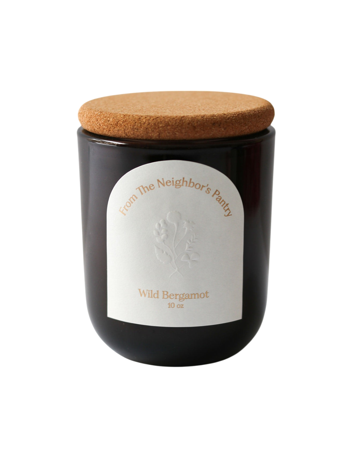 A dark glass jar beeswax candle with a cork lid, labeled "My Neighbor’s Tallow" and "Wild Bergamot Tallow Candle 10 oz," features a subtle floral design and highlights the use of bergamot essential oil.