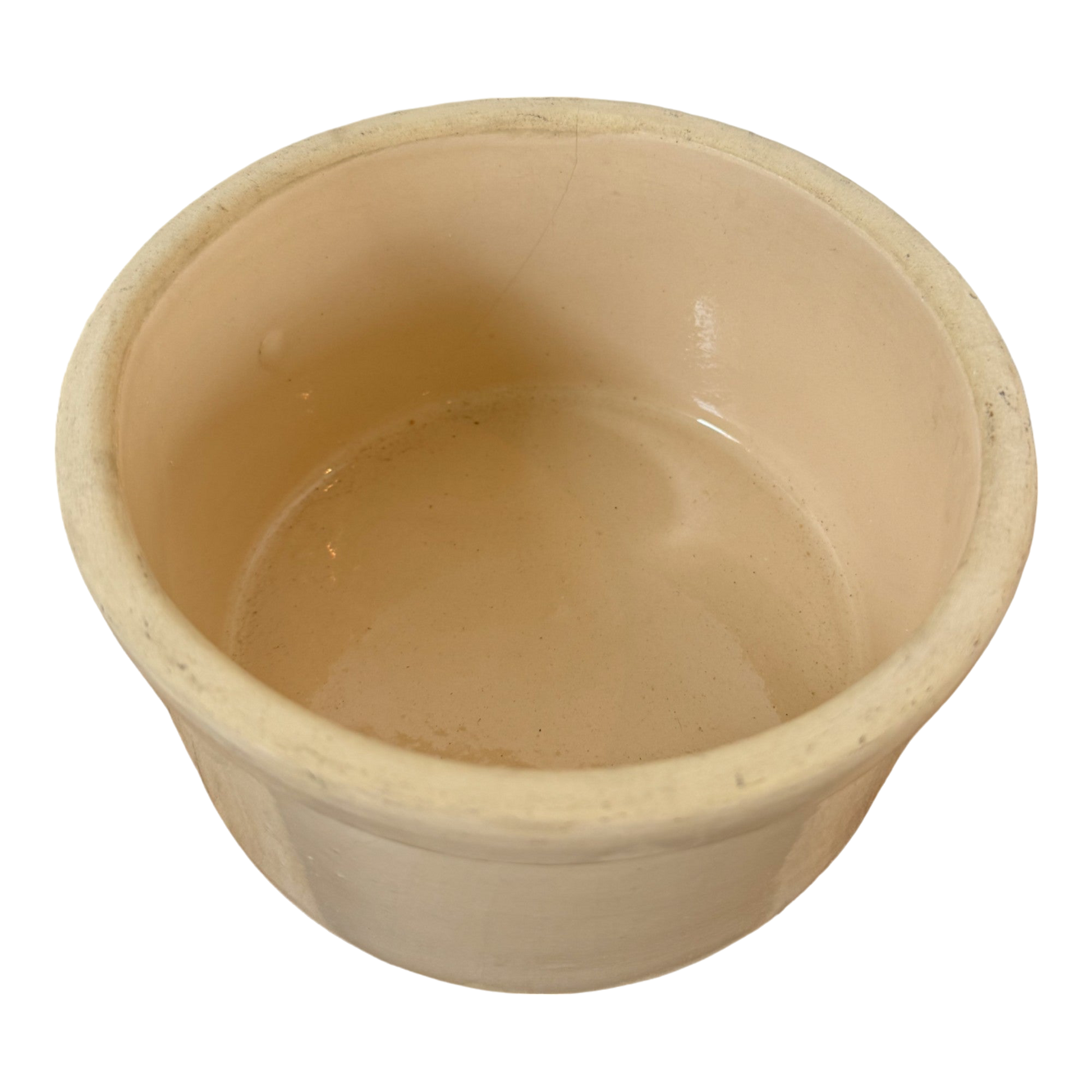 A Vintage Medium Stoneware Crock from Shoppe Maison, featuring an off-white, round design with a wide open top and smooth interior surface. The crock is empty, displaying a slightly glossy finish inside. Its matte exterior gives it a simple, rustic appearance reminiscent of vintage homeware.