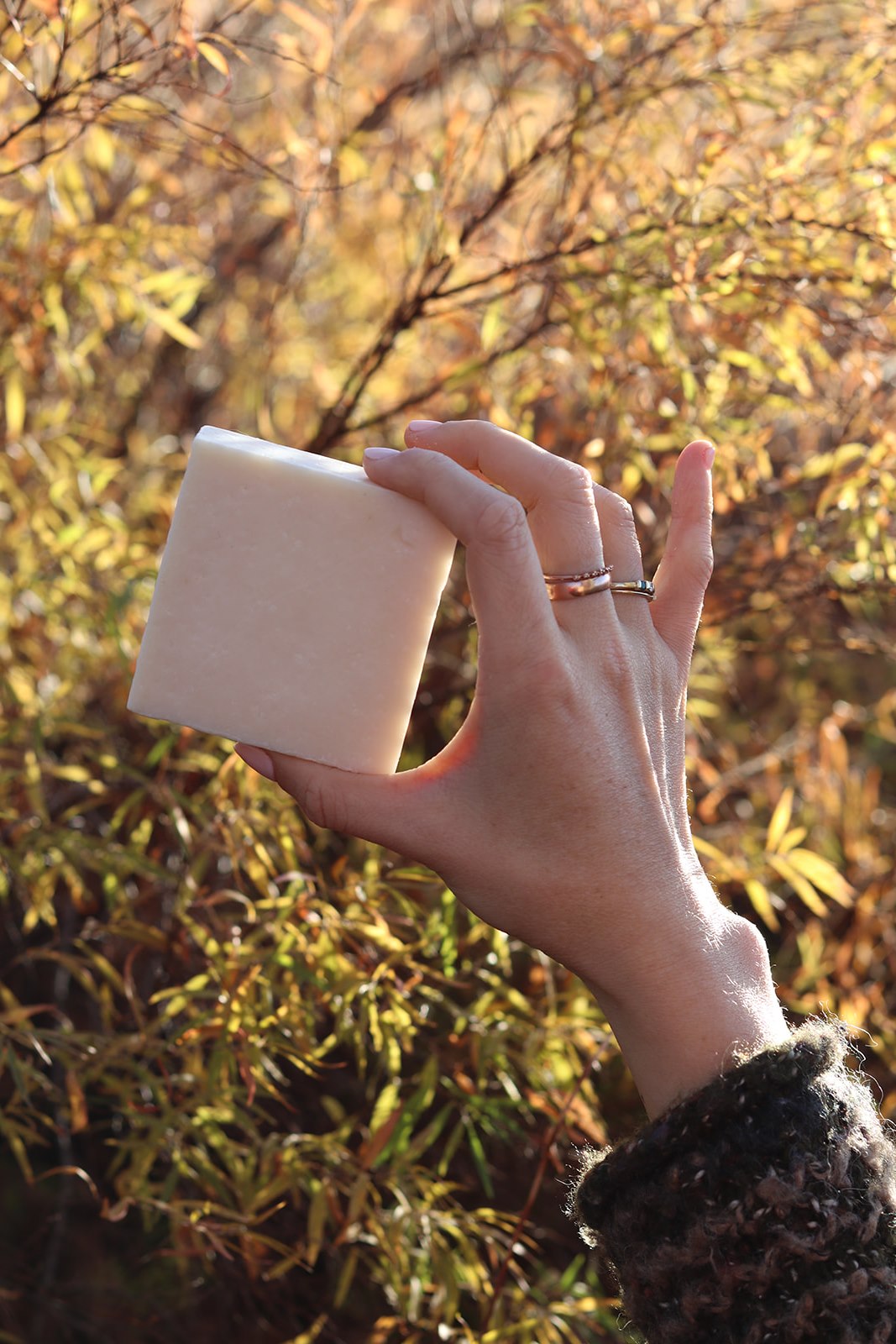 A hand with rings holds up a large, square Collagen Tallow Facial Bar from My Neighbor’s Tallow against a backdrop of sunlit, golden-brown foliage.