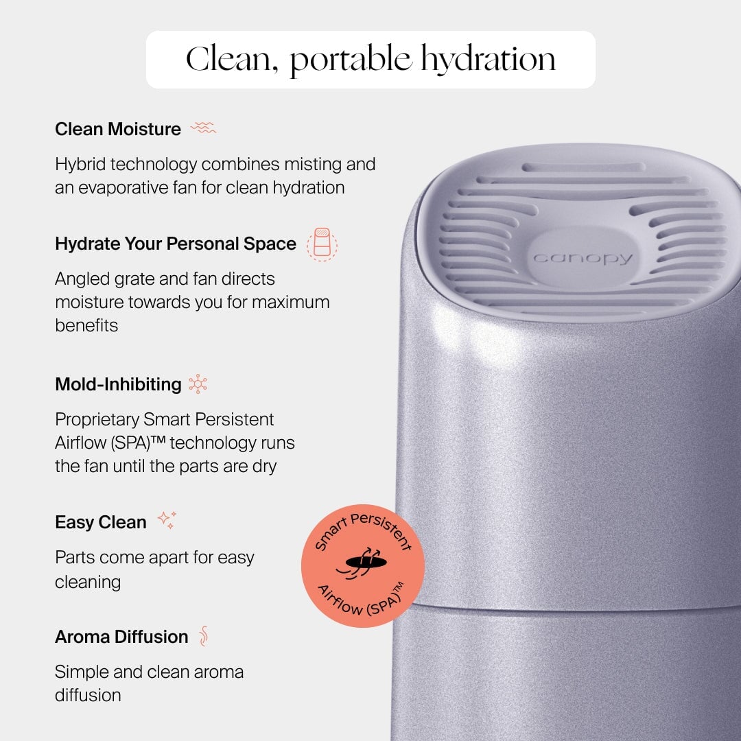 A Canopy Portable Humidifier in silver appears on the right. On the left, text lists features: clean moisture, personal hydration, mold-inhibiting airflow, easy cleaning, and aroma diffusion—all by Canopy.