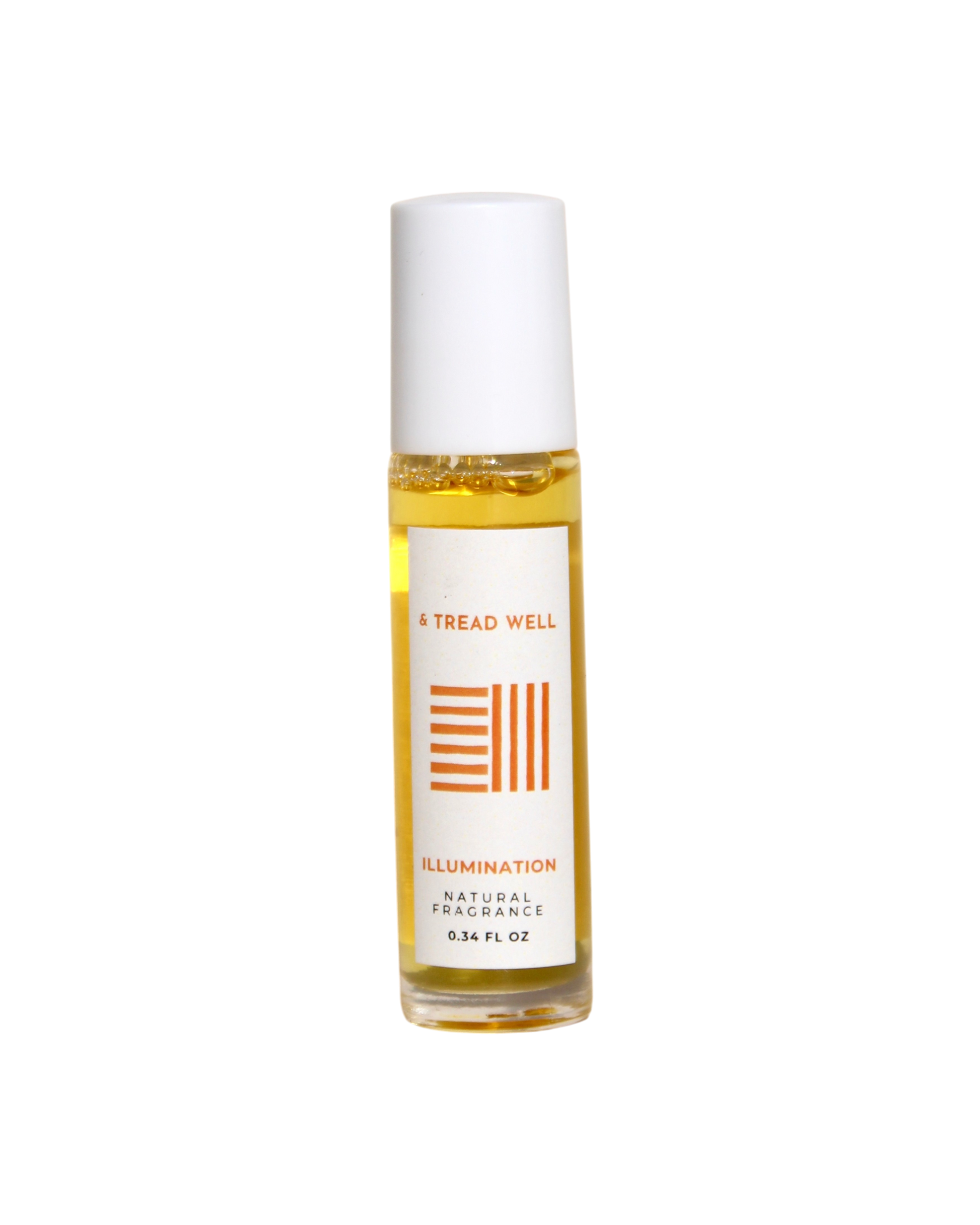 A 0.34 fl oz glass bottle of & Tread Well's Natural Fragrance – Illumination, with a white cap and orange design, offers portable aromatherapy for stress relief.