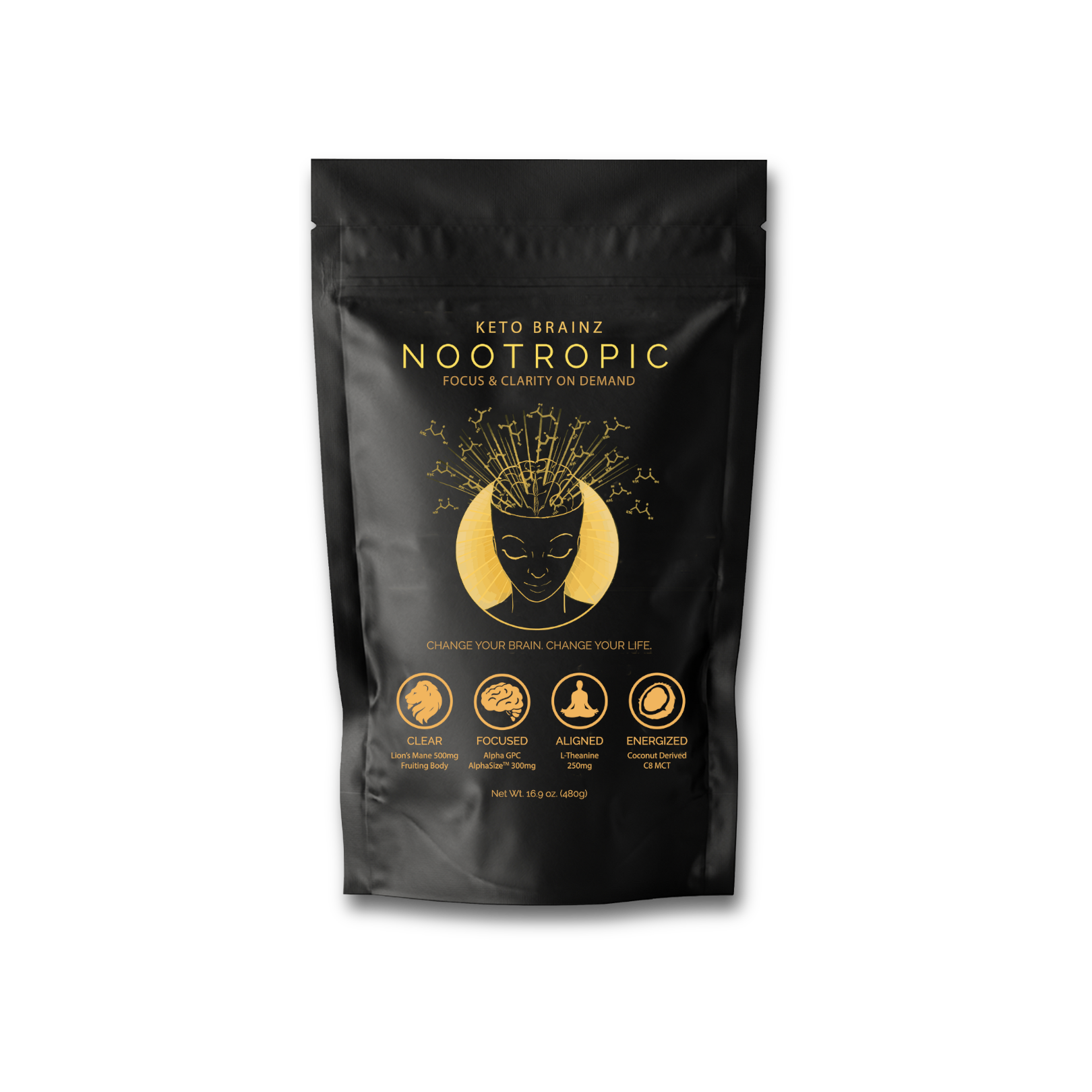 The stylish black, resealable pouch for "Keto Brainz Nootropic Creamer" features elegant gold text alongside a brain graphic with emanating lines. Icons emphasize benefits such as focus and clarity, enhanced by powerful ingredients like Lion's Mane Mushroom and Alpha GPC.