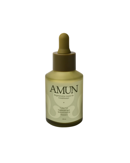 A green dropper bottle labeled “Sterling Ltd LEAVE-IN CONDITIONER” features Ylang Ylang, Hyaluronic Acid, Broccoli Seed Oil, Vitamin D, and grass-fed tallow to nourish hair and support growth.