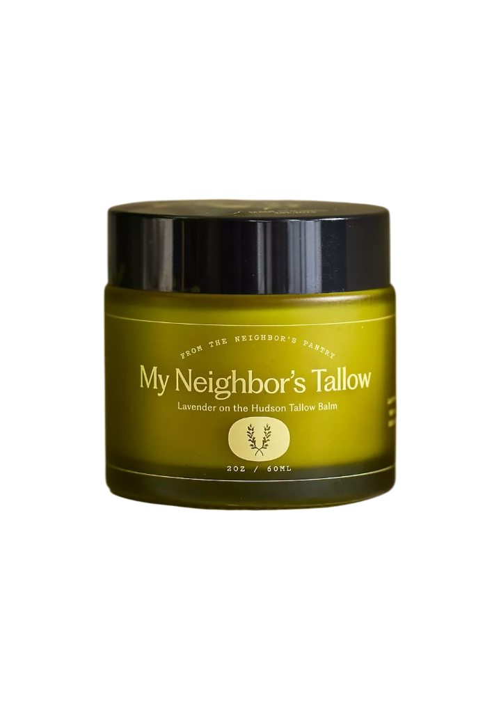 A green jar labeled "Lavender on the Hudson - Tallow Balm" by My Neighbor’s Tallow, with a black lid and white text, holds 2 oz (60 ml) of nourishing Grass-Fed Tallow balm.