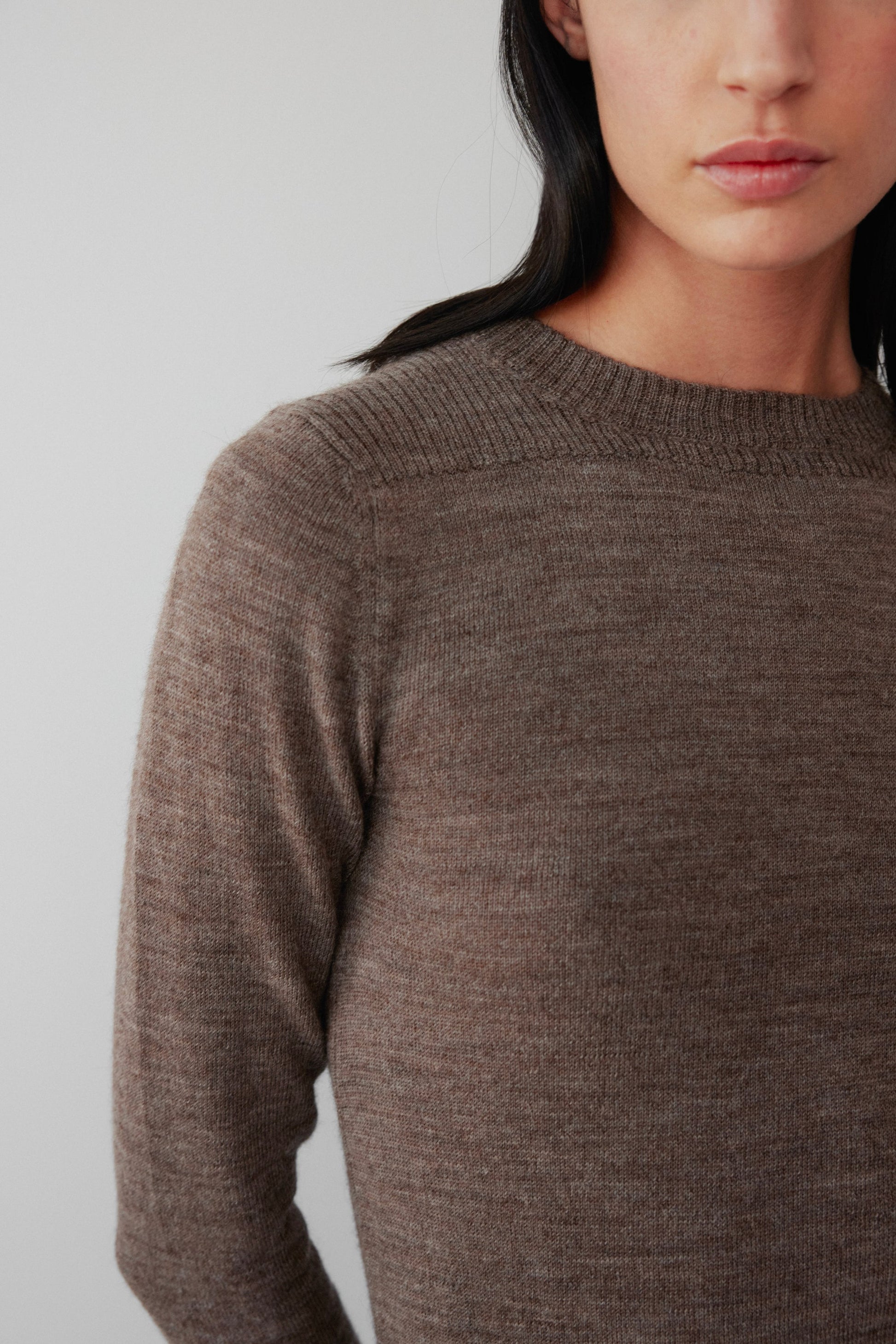 A person wearing a Wol Hide Layering Rib Crewneck in Heathered Brown is partially visible against a neutral background, showcasing the upper torso and part of the face while highlighting the sweater's texture and color.