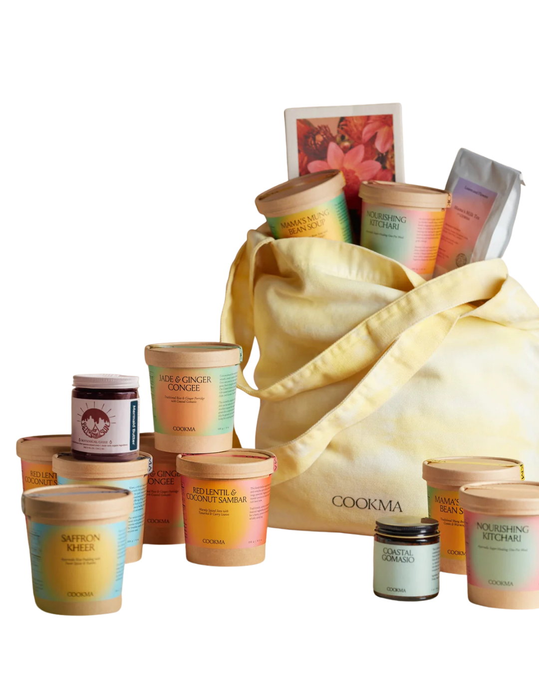 The Cookma Mama Bundle features a yellow tote bag surrounded by colorful food containers, jars, and packets of nourishing postpartum meals, all neatly arranged against a white background.