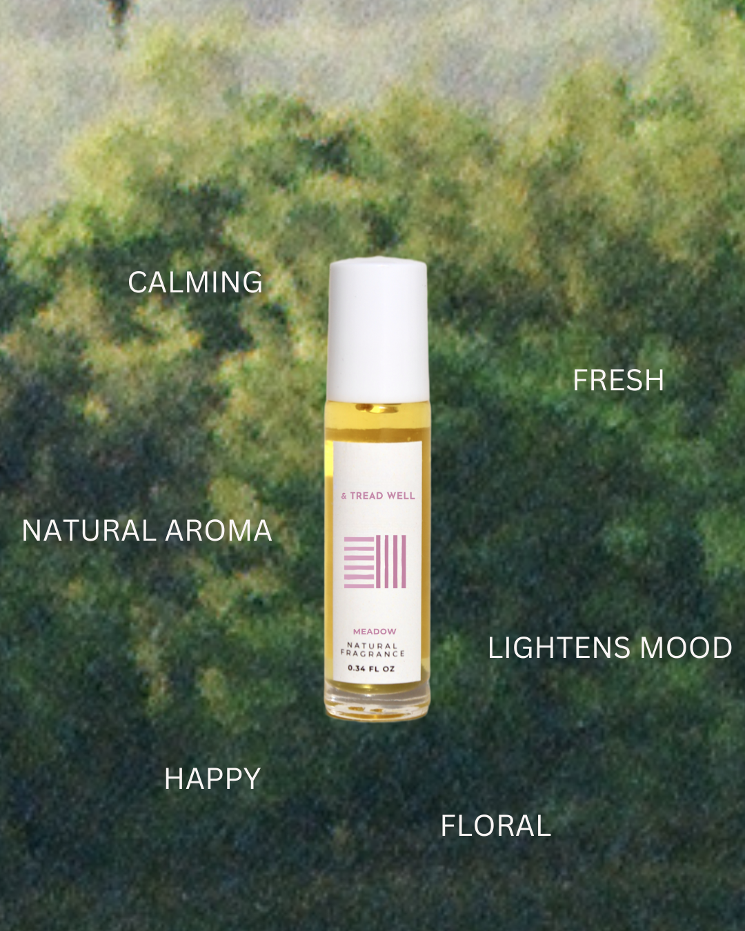 A bottle of & Tread Well Natural Fragrance – Meadow sits against a blurred green backdrop, offering a calming, fresh floral aroma that brightens the mood with its happy natural meadow scent.