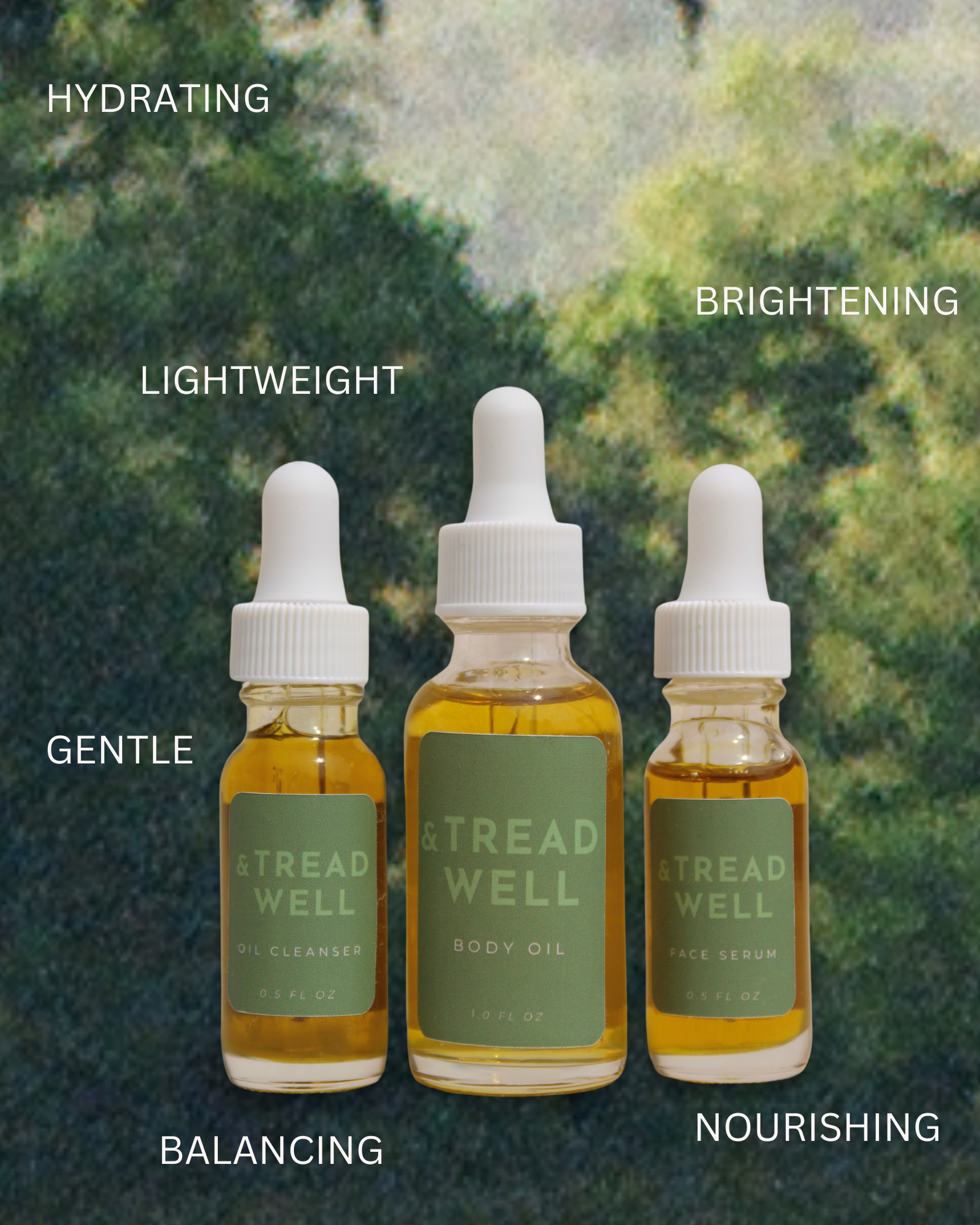 Three amber dropper bottles labeled "& Tread Well" Mini Essentials are arranged in front of a blurred green background. Surrounding text: hydrating, brightening, lightweight, gentle, balancing, all-natural skincare, nourishing.