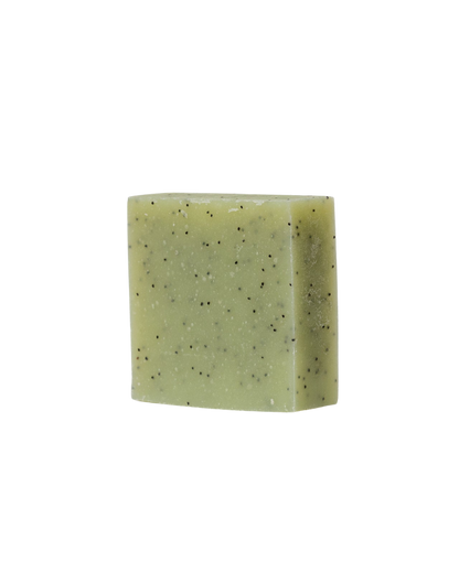 A rectangular bar of Blue Tansy & Raw Honey Tallow Soap by My Neighbor’s Tallow, featuring small black specks, set against a white background.