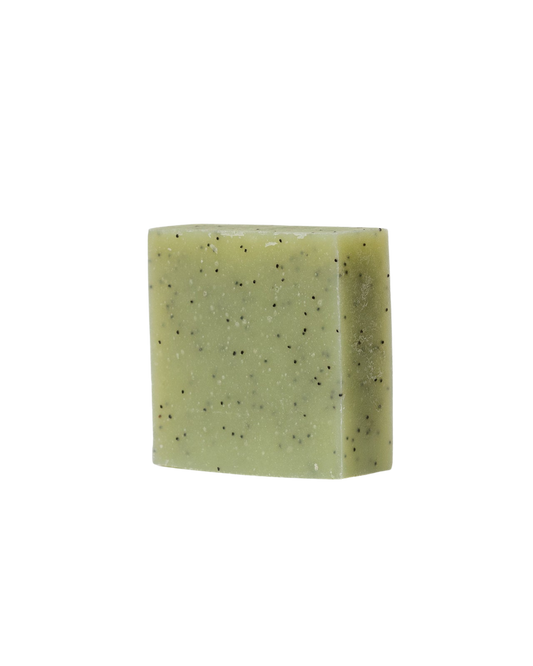 A rectangular bar of Blue Tansy & Raw Honey Tallow Soap by My Neighbor’s Tallow, featuring small black specks, set against a white background.