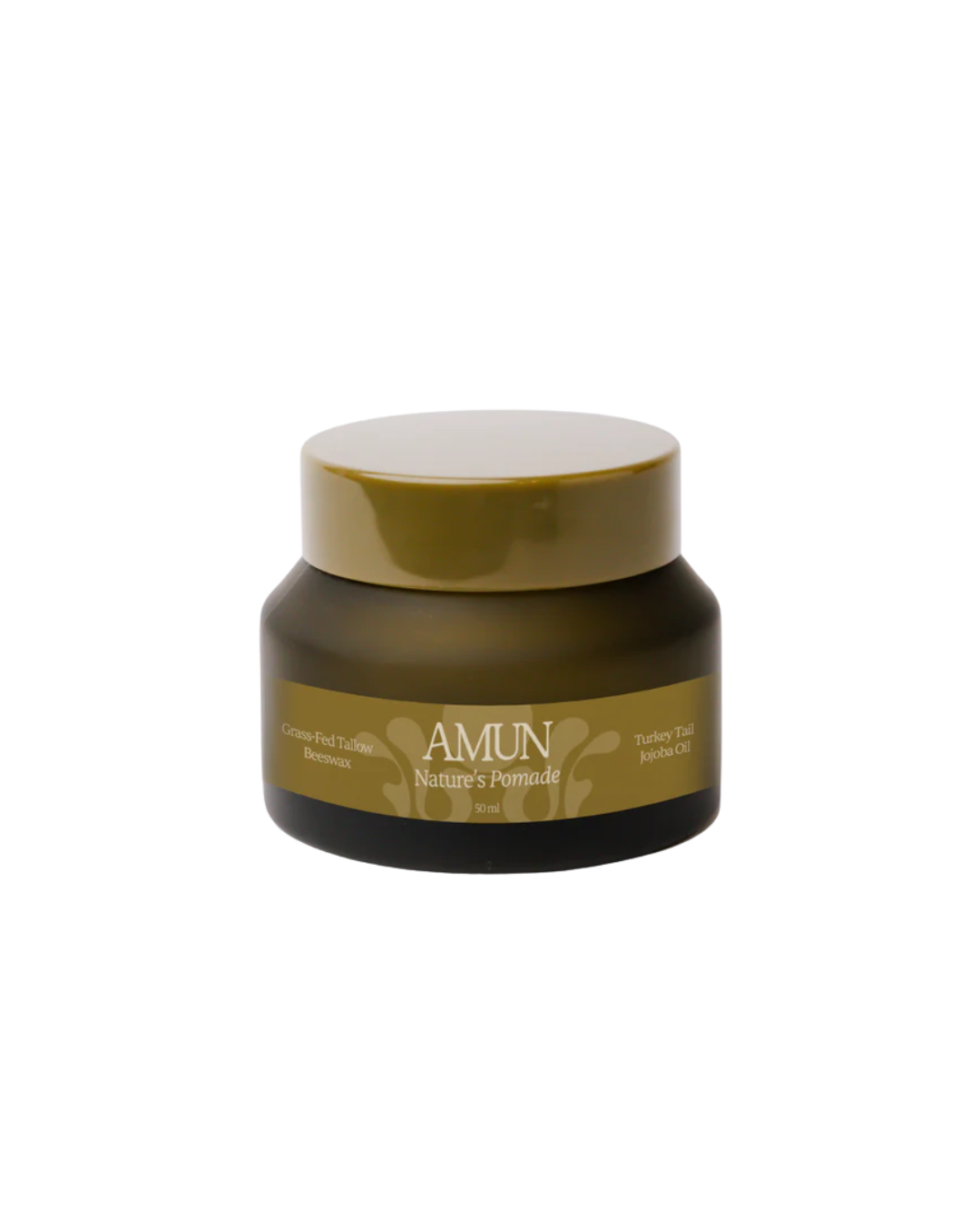 A small, olive-green jar labeled "NATURE’S POMADE" by Amun Organics rests on a white background. Its label highlights beeswax and turkey tail reishi chai as key ingredients for natural hair styling and nourishment.