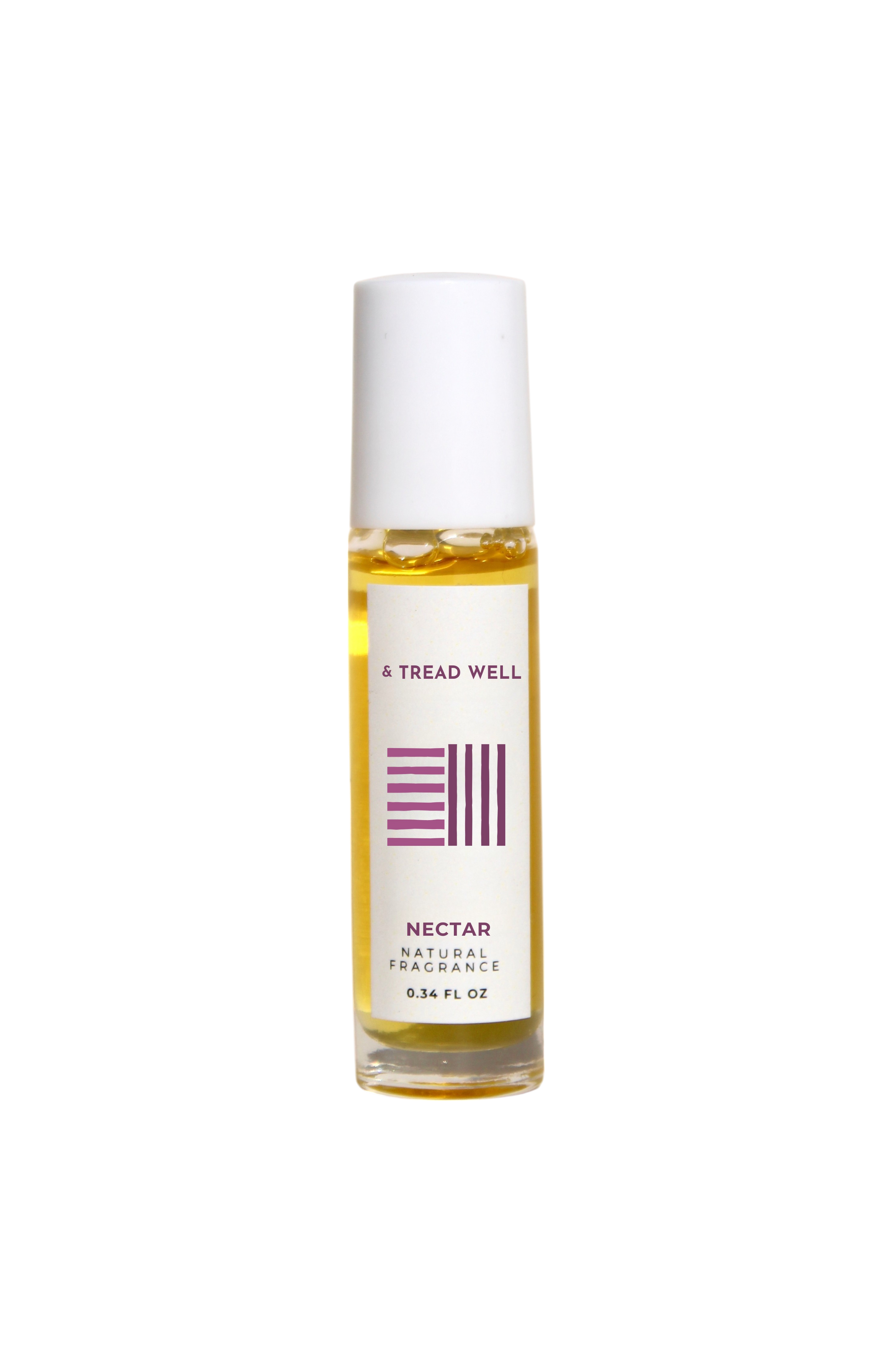 A 0.35 fl oz & Tread Well Natural Fragrance - Nectar non-toxic perfume with a white cap and yellow liquid, made with pure essential oils, is shown against a plain black background.