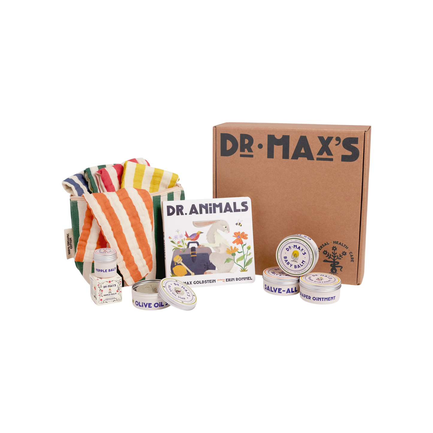 The Dr Maxs New Parent Gift Box features a striped cloth, Dr Animals book, and natural ointment tins like Baby Balm, all with simple, colorful packaging and playful illustrations displayed in front.