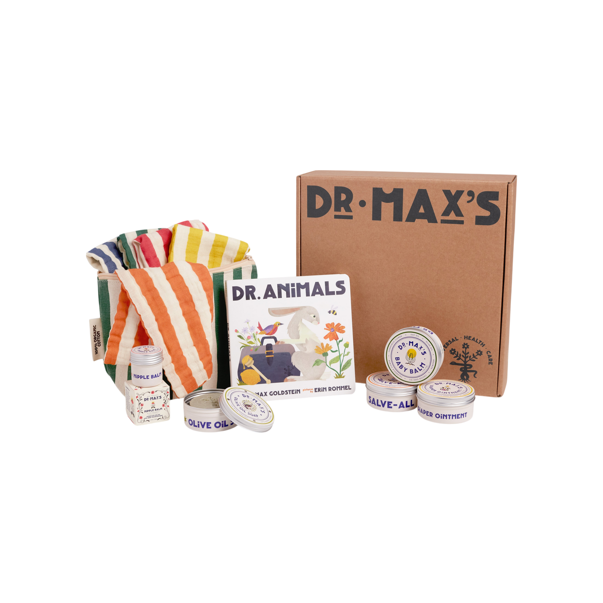 The Dr Maxs New Parent Gift Box features a striped cloth, Dr Animals book, and natural ointment tins like Baby Balm, all with simple, colorful packaging and playful illustrations displayed in front.