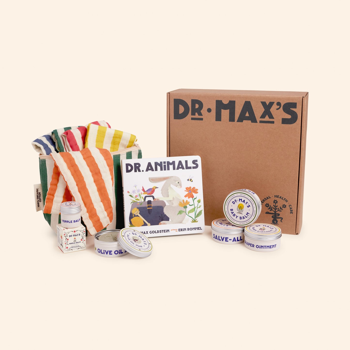 The Dr Maxs New Parent Gift Box includes daily essentials, a striped pouch, the Dr Animals children’s book, Baby Balm Diaper Ointment tins and containers, all packaged in a branded box against a light background.