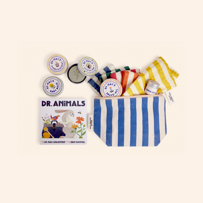 A flat lay of Dr. Max's New Parent Gift Box, featuring a striped pouch, "Dr. Animals" children's book, three diaper ointments, a tin, and five colorful washcloths—perfect baby essentials.