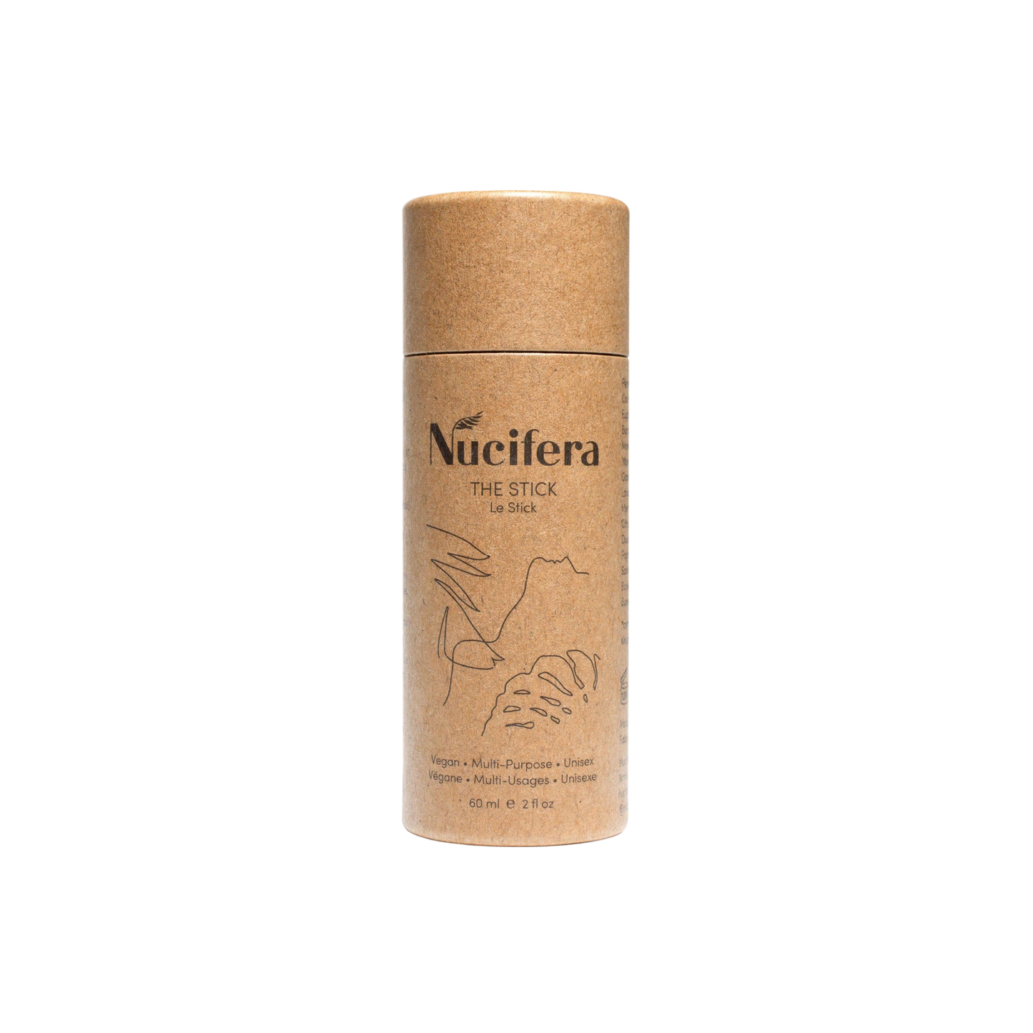 A cylindrical cardboard container labeled "The Stick" from Nucifera Body Store against a black background. The light brown packaging features minimalist illustrations and black text. The label highlights the product as a vegan, multi-purpose balm for skin irritations, containing 60 ml or 2 fl oz.