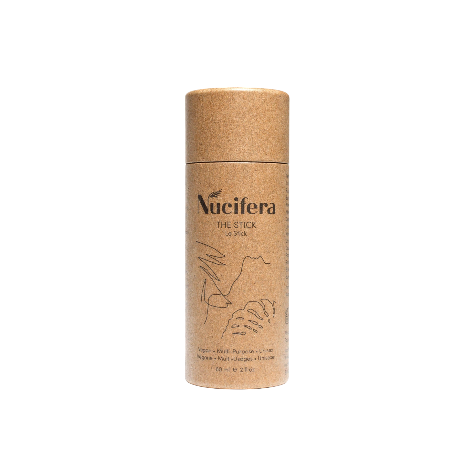 A cylindrical cardboard container labeled "The Stick" from Nucifera Body Store against a black background. The light brown packaging features minimalist illustrations and black text. The label highlights the product as a vegan, multi-purpose balm for skin irritations, containing 60 ml or 2 fl oz.