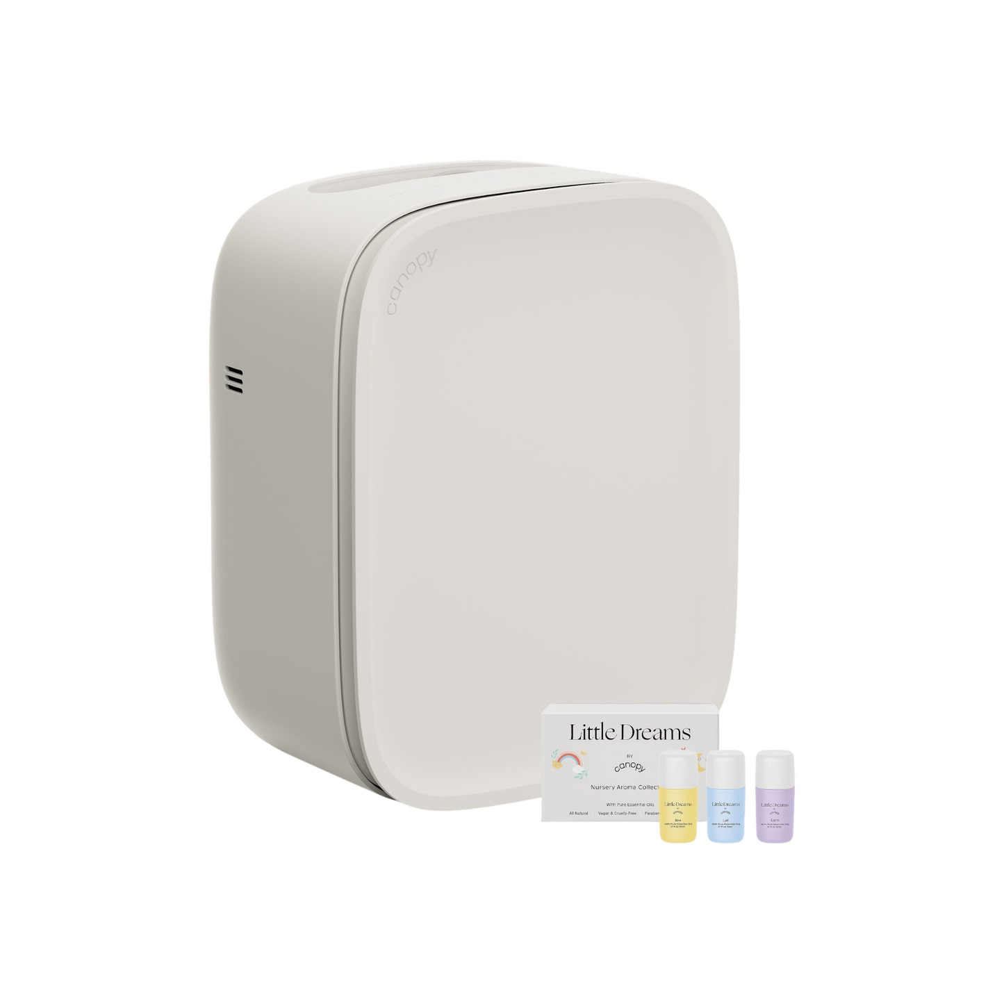 A sleek, white rectangular diffuser with rounded edges sits beside three small essential oil bottles and a "Little Dreams" card, creating a serene nursery vibe. Pair with the Canopy Nursery Air Purifier for ultra-clean air using HEPA-13 filtration.