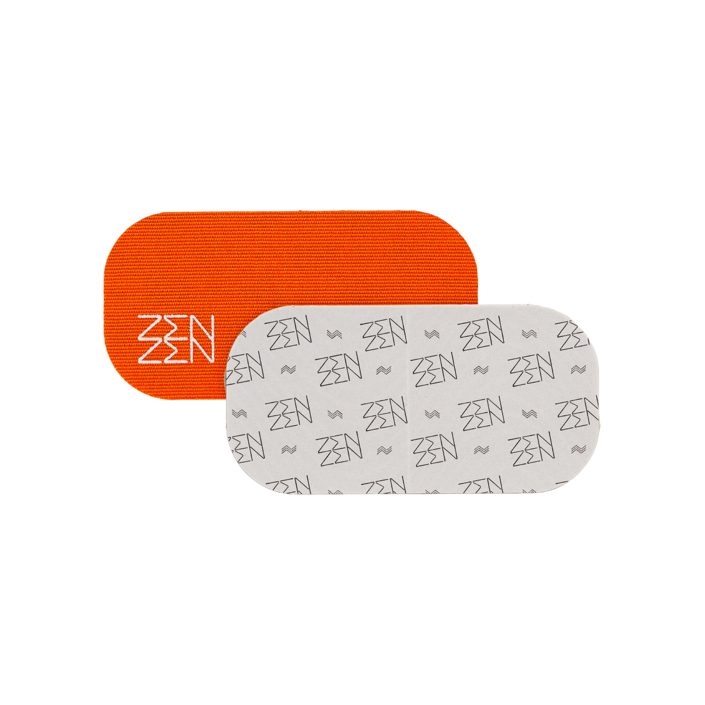 Zenzentape Socal Sunset Mouthtape: two rectangular adhesive patches with rounded corners, designed for nasal breathing. One is solid orange with a white geometric logo, the other white with a repeating gray logo pattern, overlapping on white.