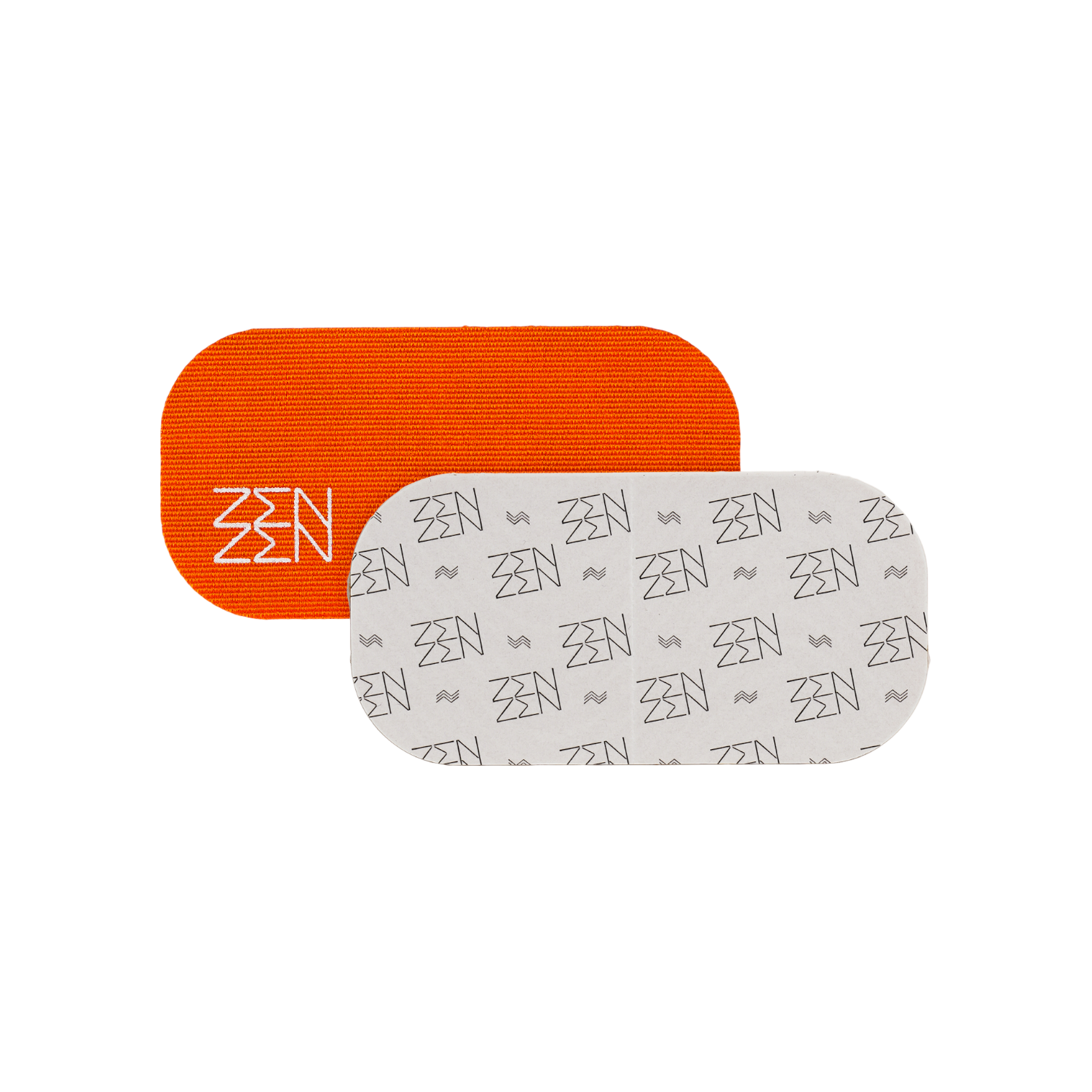 Zenzentape Socal Sunset Mouthtape: two rectangular adhesive patches with rounded corners, designed for nasal breathing. One is solid orange with a white geometric logo, the other white with a repeating gray logo pattern, overlapping on white.