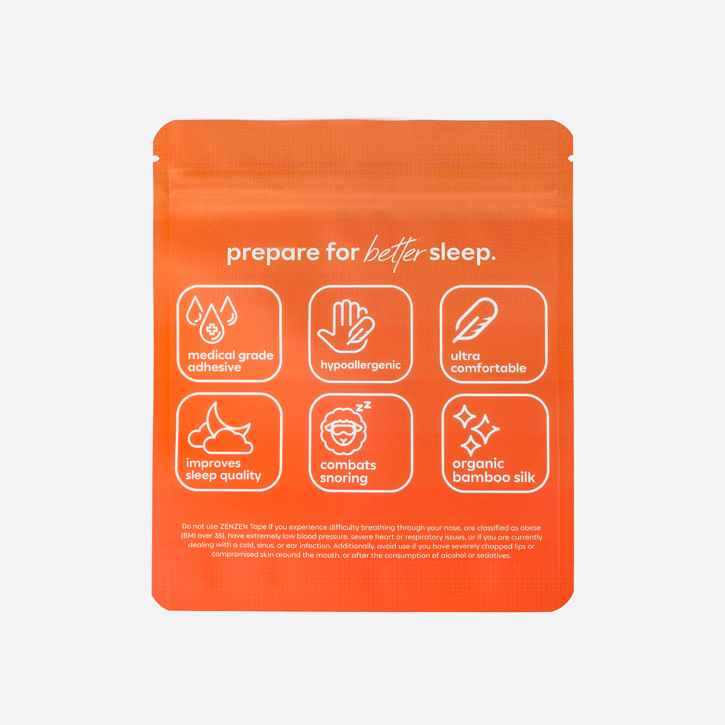 An orange packet with white icons and text highlights Zenzentape’s Socal Sunset Mouthtape: medical grade adhesive, hypoallergenic, ultra-comfortable organic bamboo silk, boosts sleep quality, reduces snoring, and gently supports restful sleep.