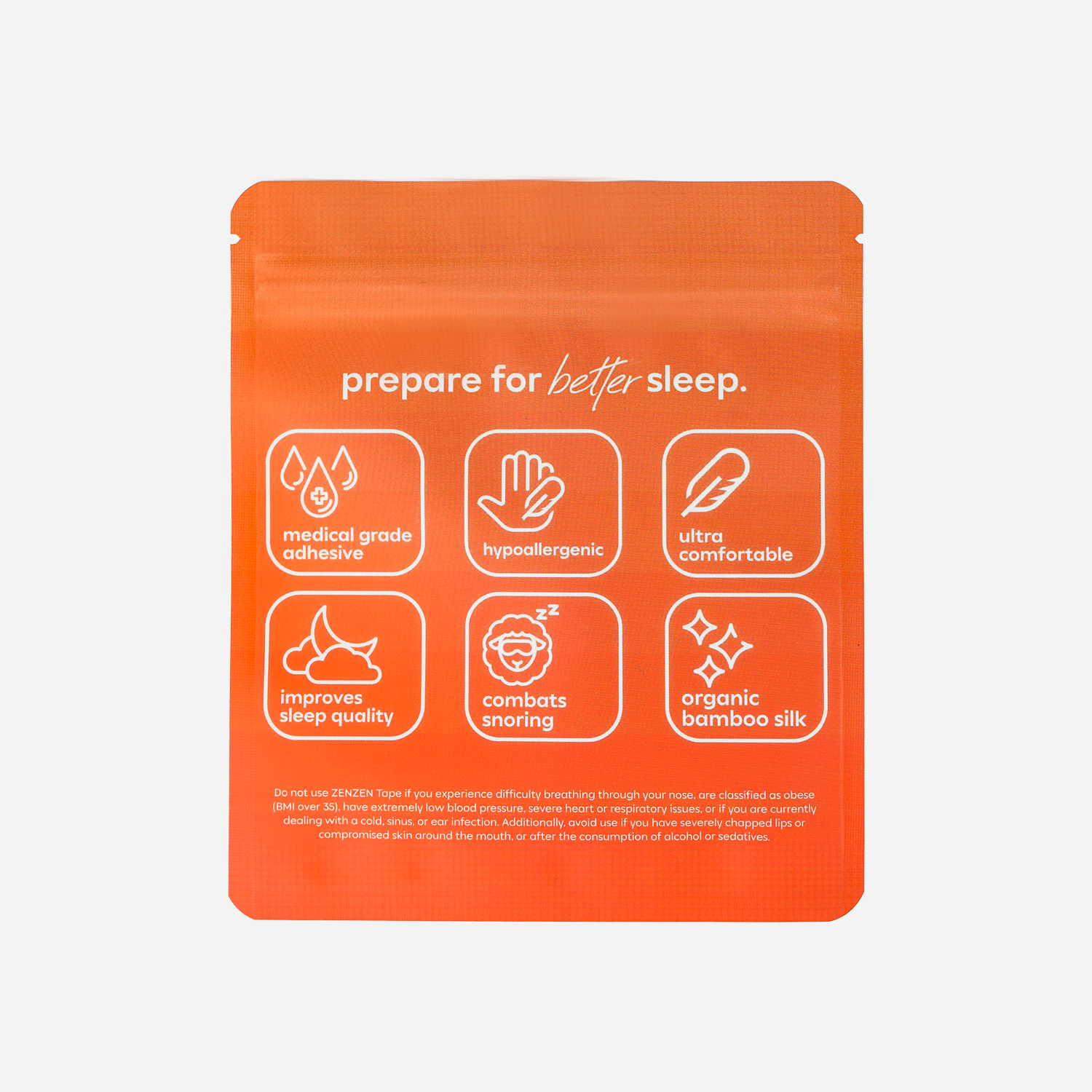 An orange packet with white icons and text highlights Zenzentape’s Socal Sunset Mouthtape: medical grade adhesive, hypoallergenic, ultra-comfortable organic bamboo silk, boosts sleep quality, reduces snoring, and gently supports restful sleep.