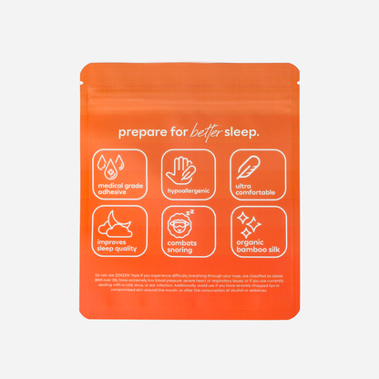 An orange packet with white icons and text highlights Zenzentape’s Socal Sunset Mouthtape: medical grade adhesive, hypoallergenic, ultra-comfortable organic bamboo silk, boosts sleep quality, reduces snoring, and gently supports restful sleep.