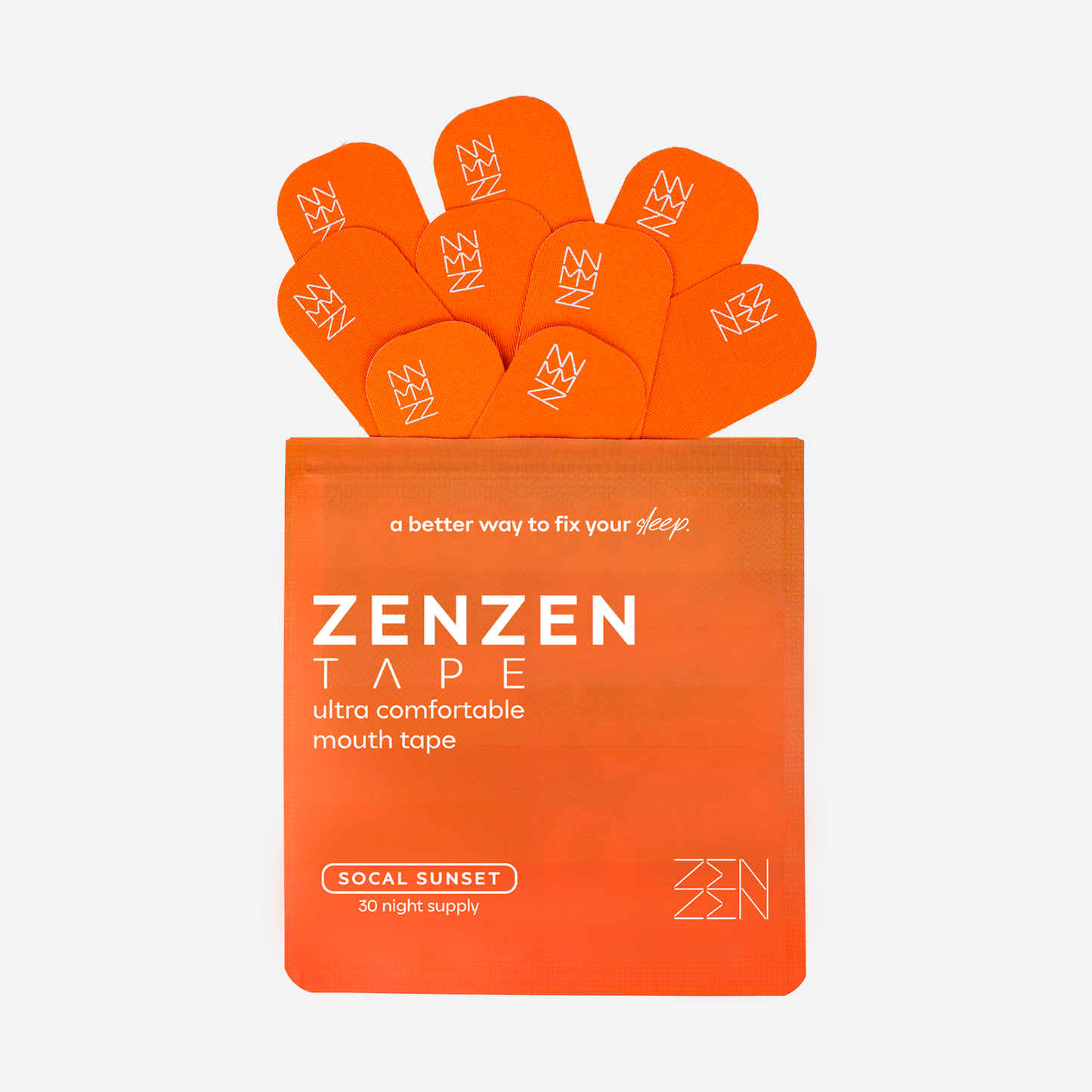An orange resealable pouch labeled "Socal Sunset Mouthtape" by Zenzentape is open, displaying several orange strips with the white ZenZen logo, fanned out to provide gentle sleep support.