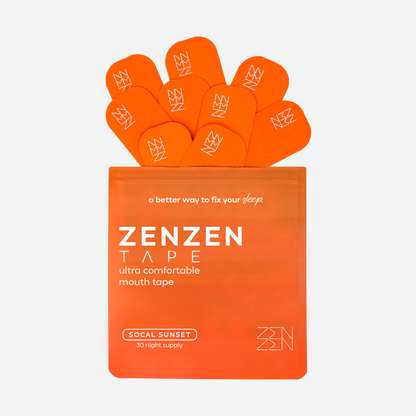 An orange resealable pouch labeled "Socal Sunset Mouthtape" by Zenzentape is open, displaying several orange strips with the white ZenZen logo, fanned out to provide gentle sleep support.