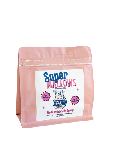 A pink resealable bag labeled "Super Mallows" in blue and pink text holds the Original Super Mallow 8-pack. Collagen marshmallows made with grass-fed gelatin; product info is on a white square label on the front.