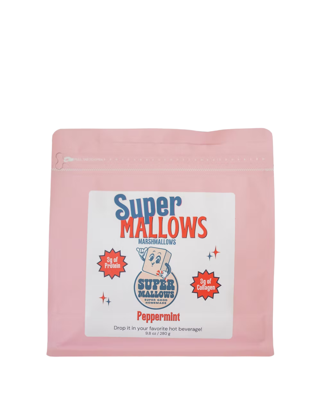 A pink zippered pouch of Super Mallows' Peppermint Super Mallow 8-pack highlights 3g protein, 3g collagen, and "Peppermint mallow" flavor, made with organic peppermint extract for festive holiday treats.