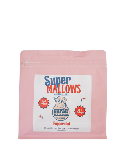A pink zippered pouch of Super Mallows' Peppermint Super Mallow 8-pack highlights 3g protein, 3g collagen, and "Peppermint mallow" flavor, made with organic peppermint extract for festive holiday treats.