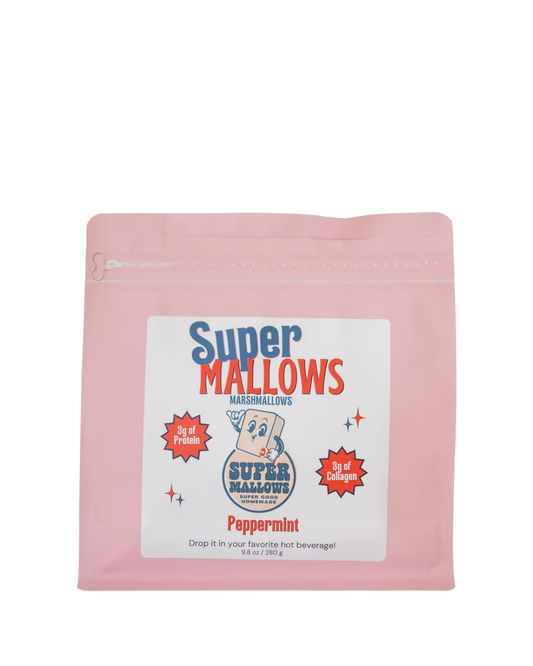A pink zippered pouch of Super Mallows' Peppermint Super Mallow 8-pack highlights 3g protein, 3g collagen, and "Peppermint mallow" flavor, made with organic peppermint extract for festive holiday treats.