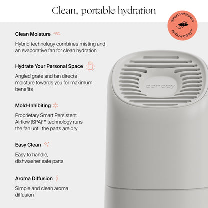 A sleek, white Canopy Portable Humidifier with top vents is shown beside features like clean moisture, hydration, mold inhibition, easy cleaning, and aroma diffusion—all by Canopy.