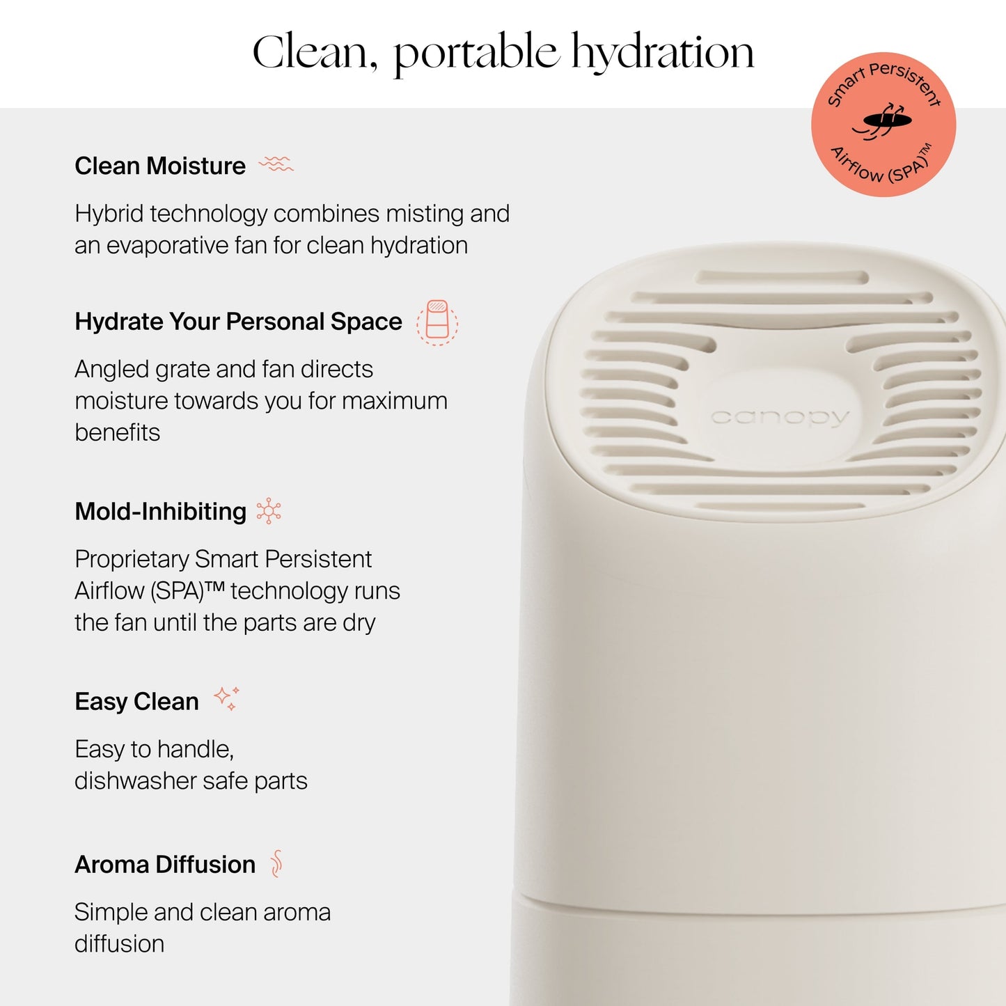 A beige, modern Canopy Portable Humidifier with a vented top sits on the right. On the left, text highlights clean moisture, mold-inhibiting tech, easy cleaning, aroma diffusion, and personal hydration benefits.