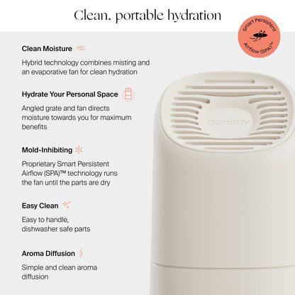 A beige, modern Canopy Portable Humidifier with a vented top sits on the right. On the left, text highlights clean moisture, mold-inhibiting tech, easy cleaning, aroma diffusion, and personal hydration benefits.