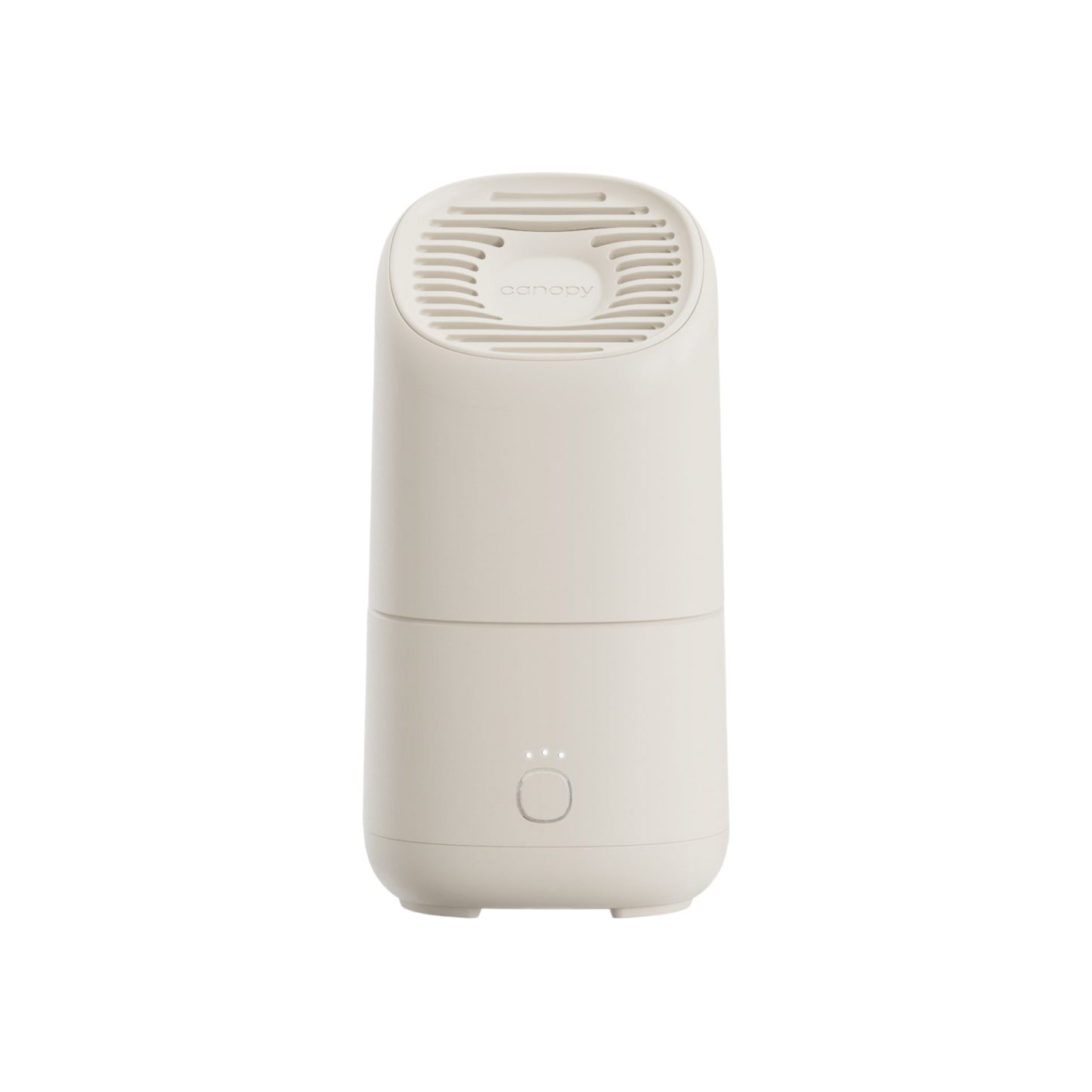 The Canopy Portable Humidifier is a modern, white, cylindrical device with a vented top and a front circular button featuring three indicator lights, shown against a plain white background.