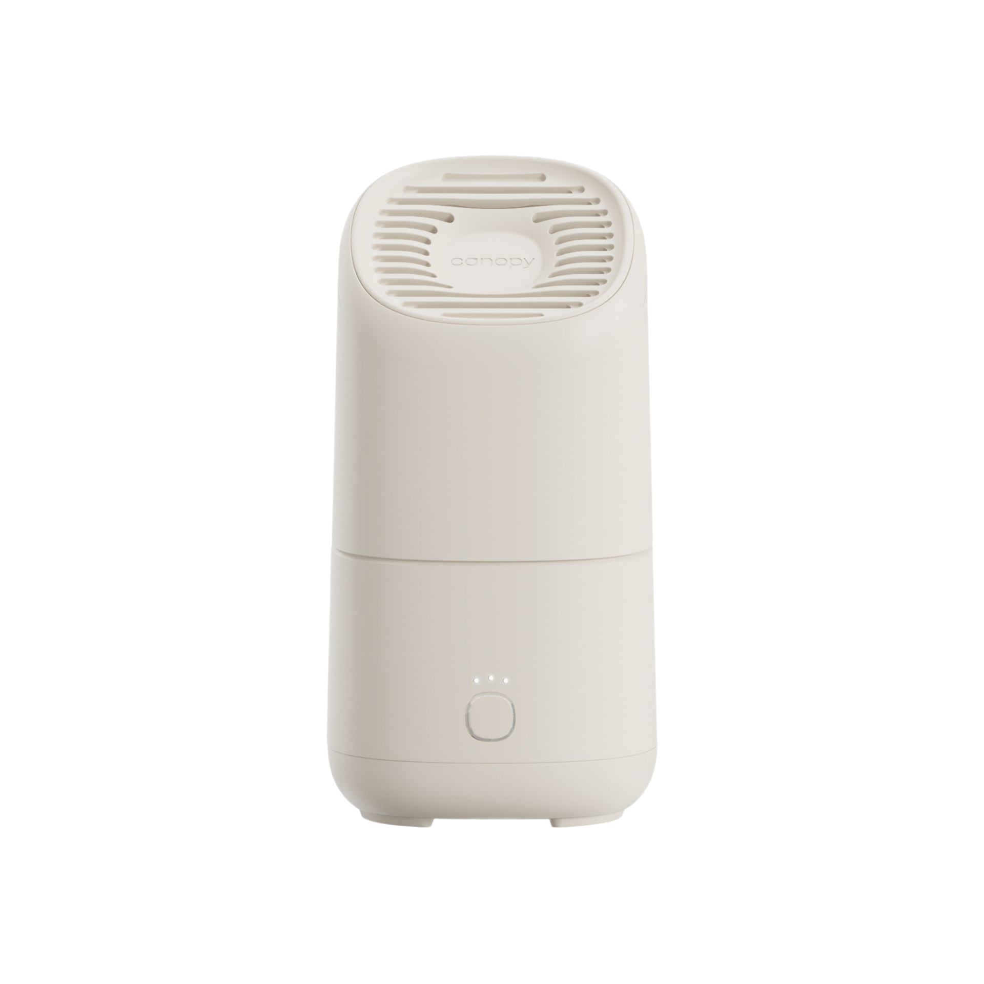 The Canopy Portable Humidifier is a modern, white, cylindrical device with a vented top and a front circular button featuring three indicator lights, shown against a plain white background.