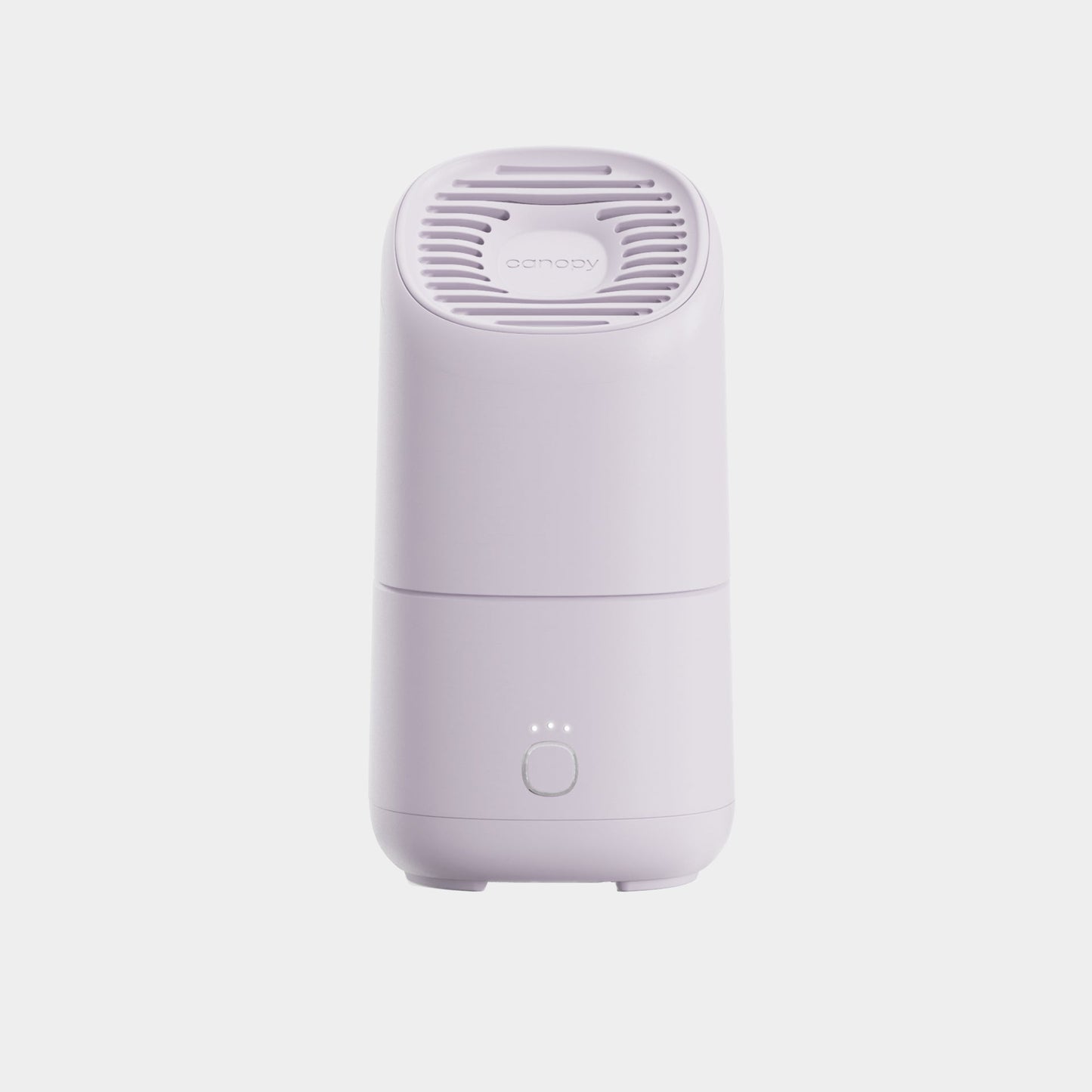 The Canopy Portable Humidifier is a compact, white cylinder with a vented top, front button, and three indicator lights, shown on a plain white background; reliable delivery is fulfilled by Canopy.