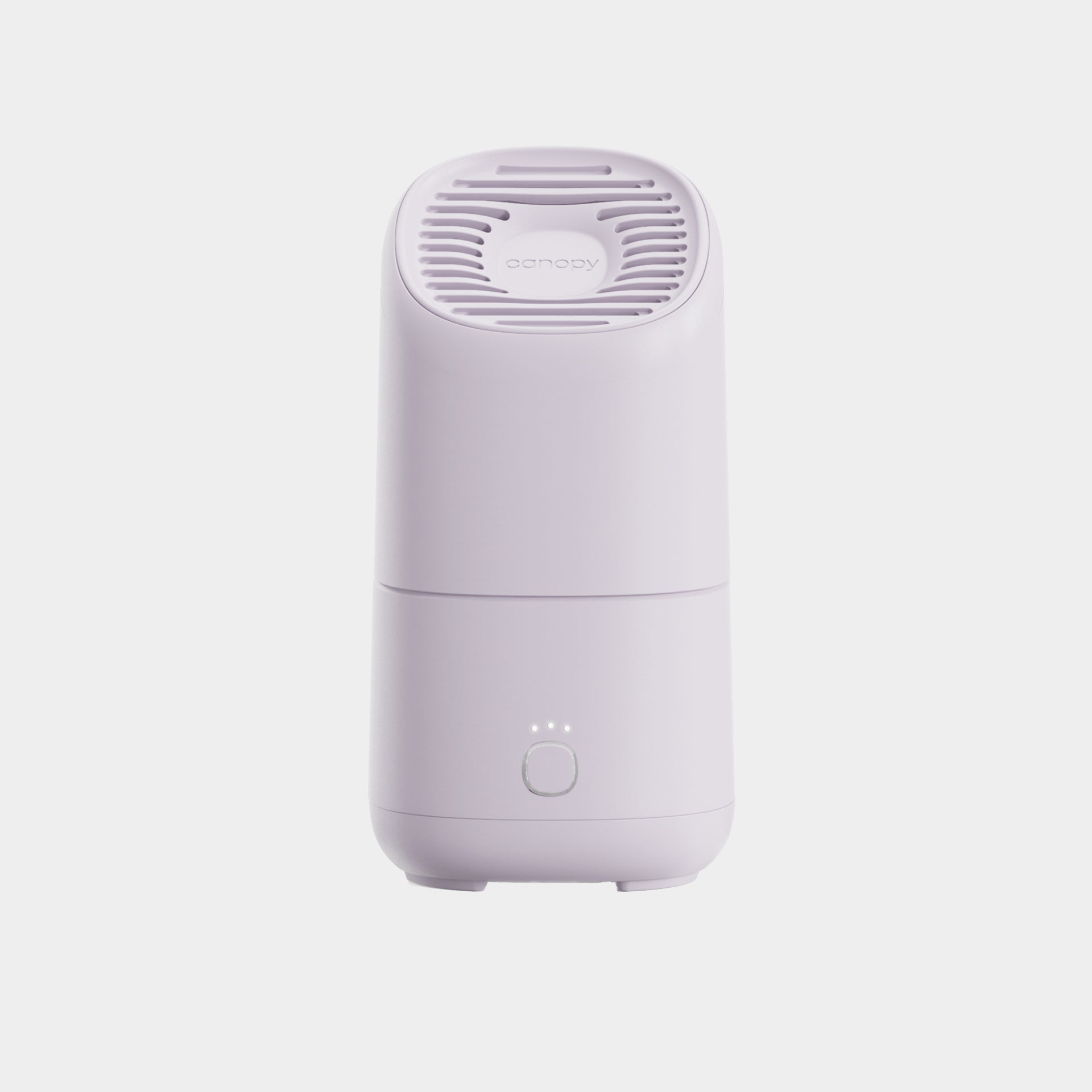The Canopy Portable Humidifier is a compact, white cylinder with a vented top, front button, and three indicator lights, shown on a plain white background; reliable delivery is fulfilled by Canopy.