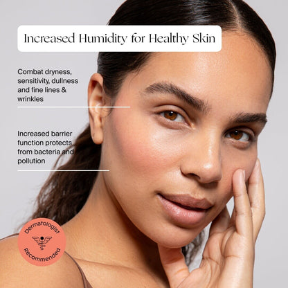 A woman with glowing skin touches her face, smiling. Text highlights Canopy Portable Humidifier’s increased humidity benefits that help fight dryness and pollution. A badge reads “Dermatologist Recommended.” Fulfilled by Canopy.