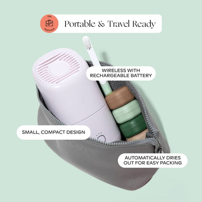 The Canopy Portable Humidifier comes in a gray travel pouch and features a compact, wireless design with rechargeable battery and quick-dry function for easy packing. Fulfilled by Canopy.